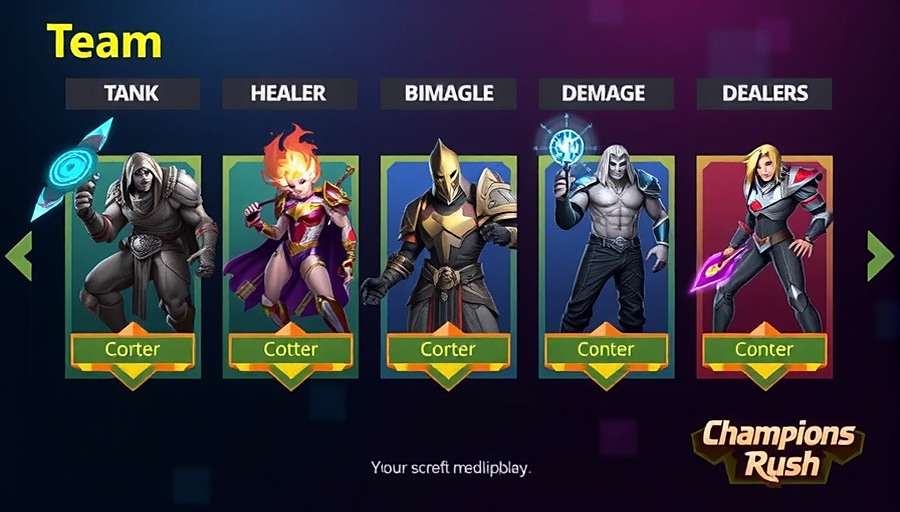 Champions Rush - Balanced Team Composition Champions Rush team selection screen showing a balanced team of tank, healer, and damage dealers