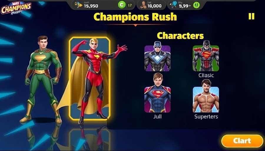Champions Rush Gameplay - Character Selection Champions Rush gameplay showing character selection screen with various Indian superheroes